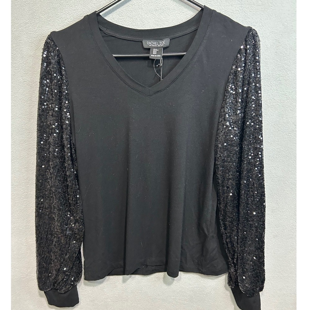 Rachel Zoe Top Womens Medium Black Sequin Long Sleeve Evening Party‎ Date night